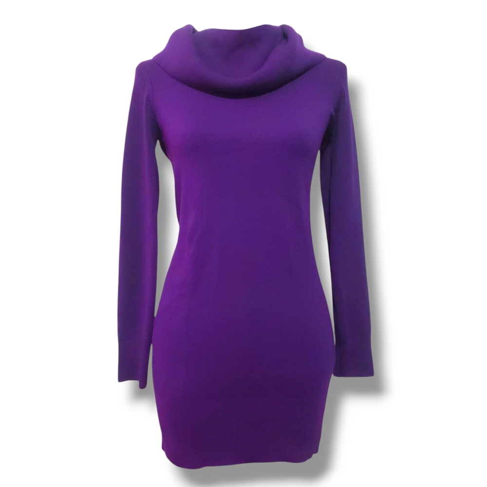FCUK Bodycon Long Sleeve Cowl Neckline Knit Mini Dress Sweater in Purple